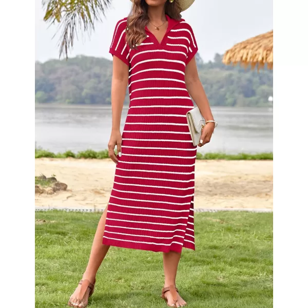 imageZESICA Womens Summer Striped Maxi Dress 2024 Casual Short Sleeve V Neck Loose Knitted Side Slit Long Sweater DressesRed