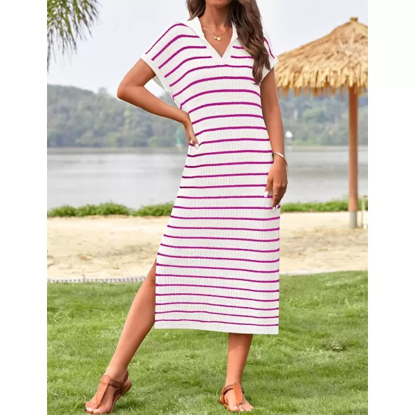 imageZESICA Womens Summer Striped Maxi Dress 2024 Casual Short Sleeve V Neck Loose Knitted Side Slit Long Sweater DressesRose