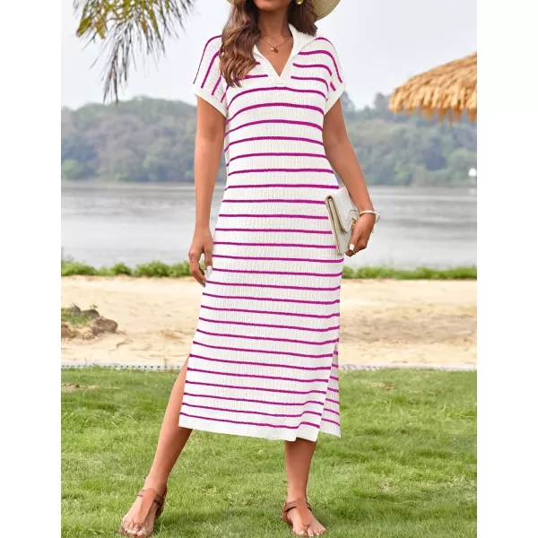 imageZESICA Womens Summer Striped Maxi Dress 2024 Casual Short Sleeve V Neck Loose Knitted Side Slit Long Sweater DressesRose