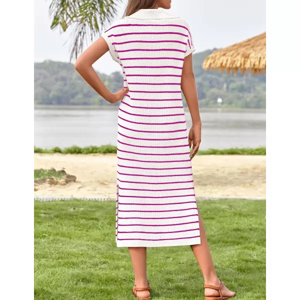 imageZESICA Womens Summer Striped Maxi Dress 2024 Casual Short Sleeve V Neck Loose Knitted Side Slit Long Sweater DressesRose