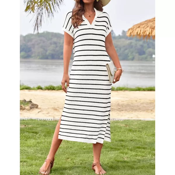 imageZESICA Womens Summer Striped Maxi Dress 2024 Casual Short Sleeve V Neck Loose Knitted Side Slit Long Sweater DressesWhite