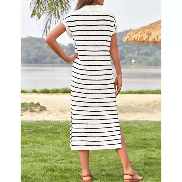 imageZESICA Womens Summer Striped Maxi Dress 2024 Casual Short Sleeve V Neck Loose Knitted Side Slit Long Sweater DressesWhite