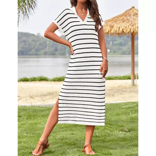 imageZESICA Womens Summer Striped Maxi Dress 2024 Casual Short Sleeve V Neck Loose Knitted Side Slit Long Sweater DressesWhite