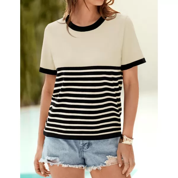 imageZESICA Womens Summer Striped Short Sleeve T Shirt 2024 Crew Neck Casual Ribbed Knit Basic Tops BlouseApricot