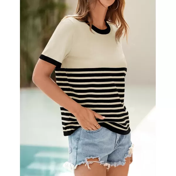 imageZESICA Womens Summer Striped Short Sleeve T Shirt 2024 Crew Neck Casual Ribbed Knit Basic Tops BlouseApricot