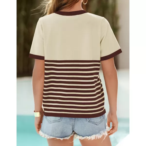 imageZESICA Womens Summer Striped Short Sleeve T Shirt 2024 Crew Neck Casual Ribbed Knit Basic Tops BlouseCoffee