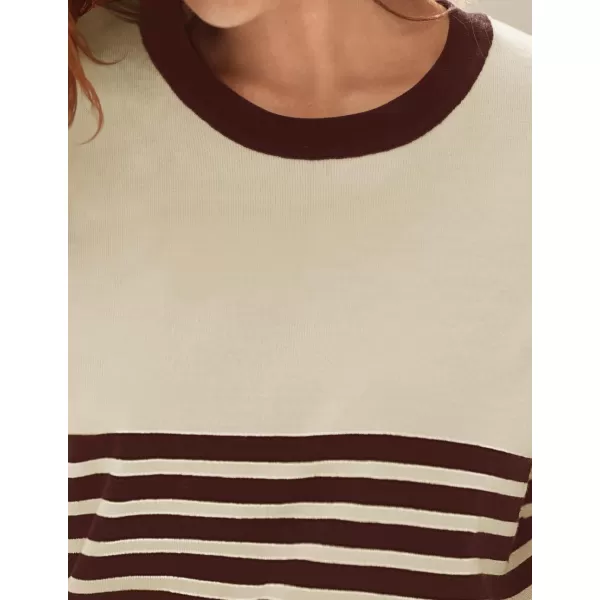 imageZESICA Womens Summer Striped Short Sleeve T Shirt 2024 Crew Neck Casual Ribbed Knit Basic Tops BlouseCoffee