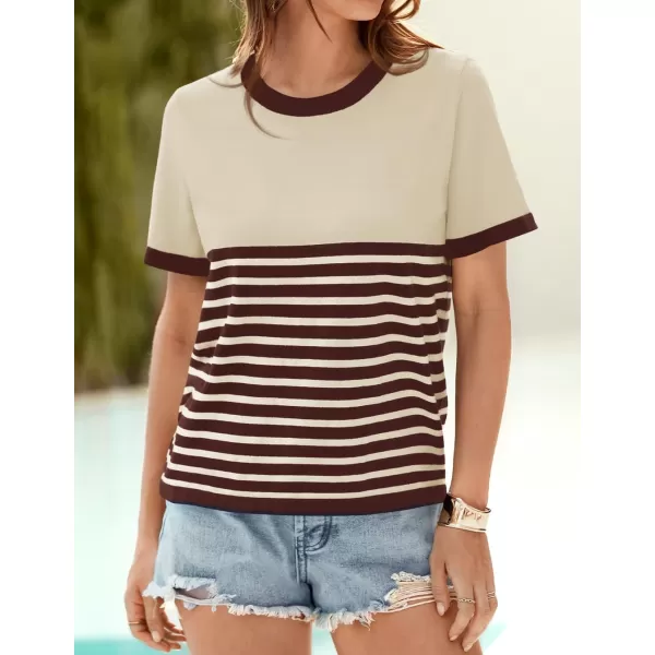 imageZESICA Womens Summer Striped Short Sleeve T Shirt 2024 Crew Neck Casual Ribbed Knit Basic Tops BlouseCoffee