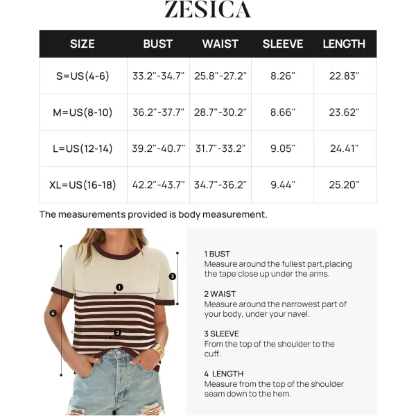imageZESICA Womens Summer Striped Short Sleeve T Shirt 2024 Crew Neck Casual Ribbed Knit Basic Tops BlouseCoffee