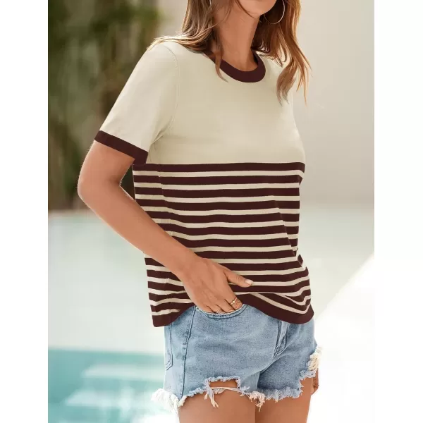 imageZESICA Womens Summer Striped Short Sleeve T Shirt 2024 Crew Neck Casual Ribbed Knit Basic Tops BlouseCoffee