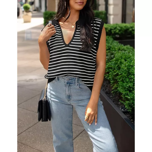 imageZESICA Womens Summer Striped Sweater Vest Cap Sleeve V Neck Pullover Tank Tops Fashion Clothes 2024Black