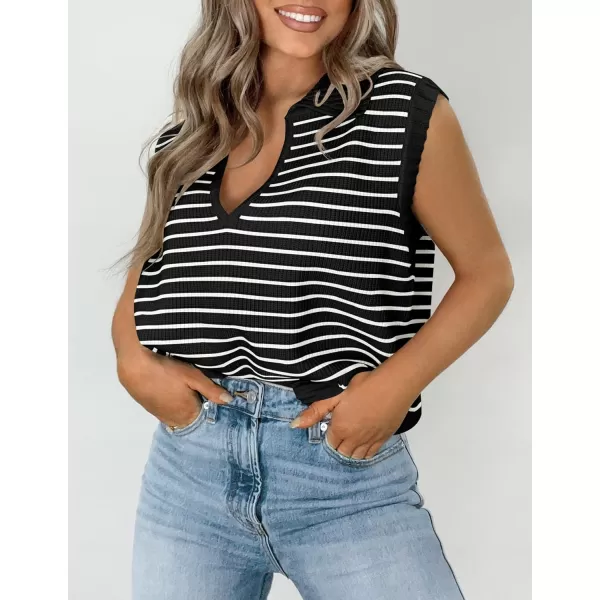 imageZESICA Womens Summer Striped Sweater Vest Cap Sleeve V Neck Pullover Tank Tops Fashion Clothes 2024Black