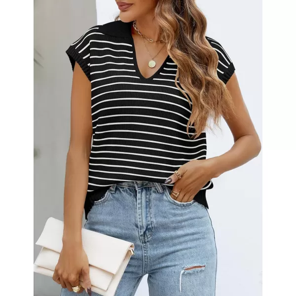 imageZESICA Womens Summer Striped Sweater Vest Cap Sleeve V Neck Pullover Tank Tops Fashion Clothes 2024Black