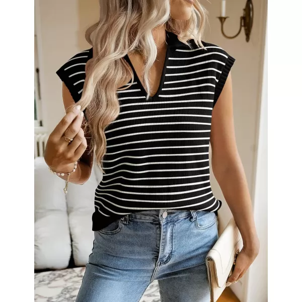 imageZESICA Womens Summer Striped Sweater Vest Cap Sleeve V Neck Pullover Tank Tops Fashion Clothes 2024Black