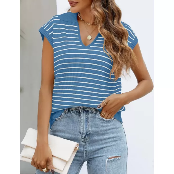 imageZESICA Womens Summer Striped Sweater Vest Cap Sleeve V Neck Pullover Tank Tops Fashion Clothes 2024Blue