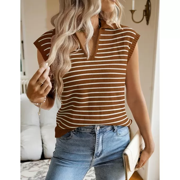 imageZESICA Womens Summer Striped Sweater Vest Cap Sleeve V Neck Pullover Tank Tops Fashion Clothes 2024Brown