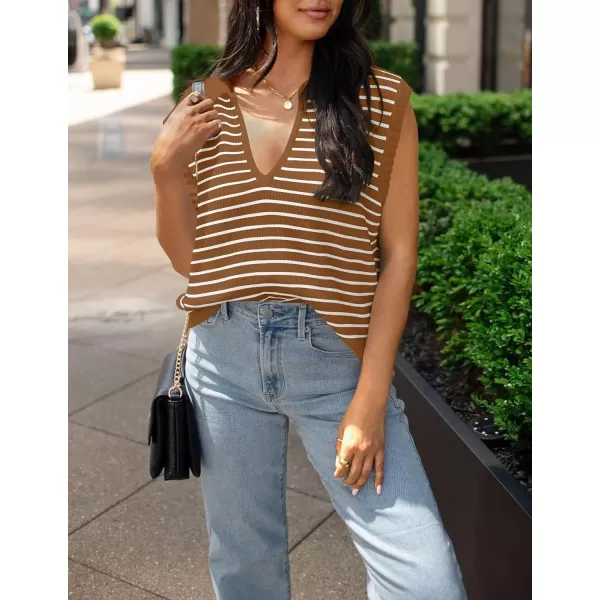 imageZESICA Womens Summer Striped Sweater Vest Cap Sleeve V Neck Pullover Tank Tops Fashion Clothes 2024Brown