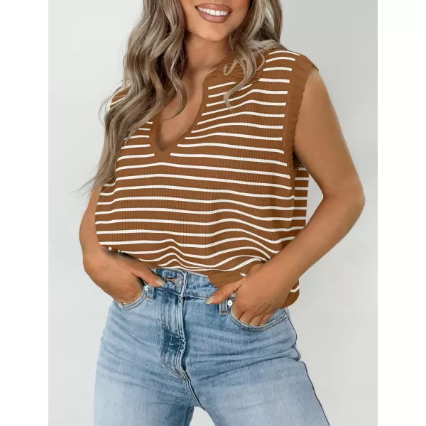 imageZESICA Womens Summer Striped Sweater Vest Cap Sleeve V Neck Pullover Tank Tops Fashion Clothes 2024Brown