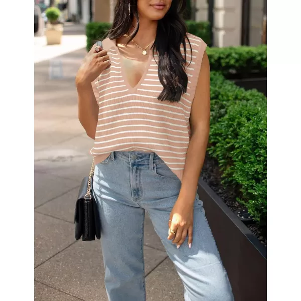 imageZESICA Womens Summer Striped Sweater Vest Cap Sleeve V Neck Pullover Tank Tops Fashion Clothes 2024Leather Pink