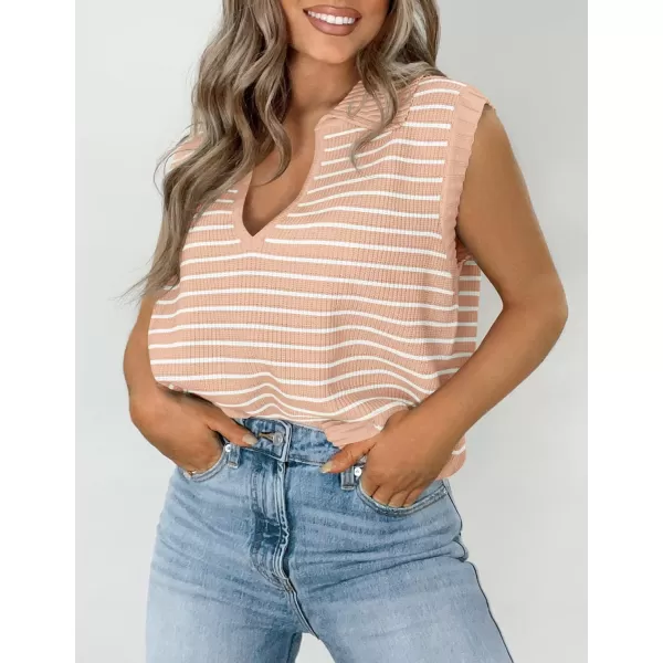imageZESICA Womens Summer Striped Sweater Vest Cap Sleeve V Neck Pullover Tank Tops Fashion Clothes 2024Leather Pink