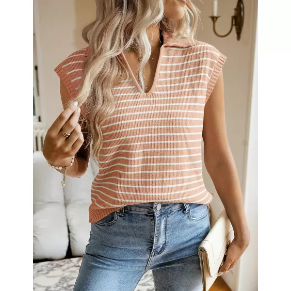 imageZESICA Womens Summer Striped Sweater Vest Cap Sleeve V Neck Pullover Tank Tops Fashion Clothes 2024Leather Pink