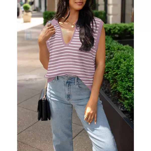 imageZESICA Womens Summer Striped Sweater Vest Cap Sleeve V Neck Pullover Tank Tops Fashion Clothes 2024Purple