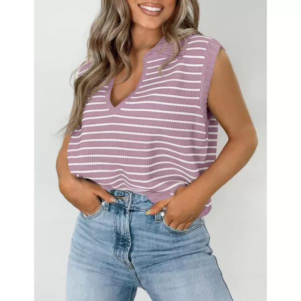 imageZESICA Womens Summer Striped Sweater Vest Cap Sleeve V Neck Pullover Tank Tops Fashion Clothes 2024Purple