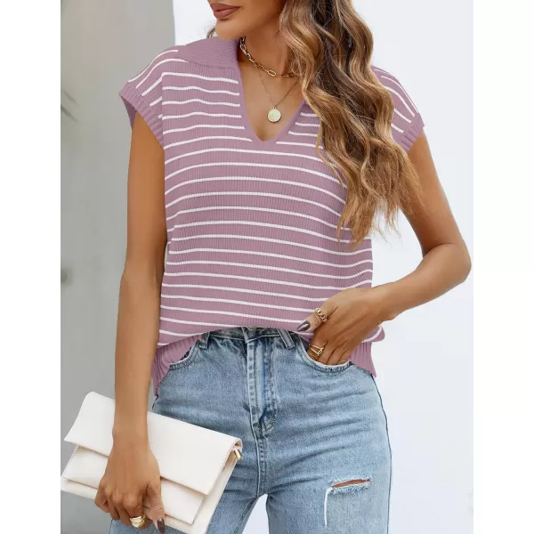 imageZESICA Womens Summer Striped Sweater Vest Cap Sleeve V Neck Pullover Tank Tops Fashion Clothes 2024Purple