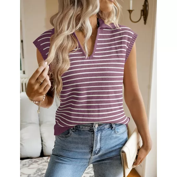 imageZESICA Womens Summer Striped Sweater Vest Cap Sleeve V Neck Pullover Tank Tops Fashion Clothes 2024Purple