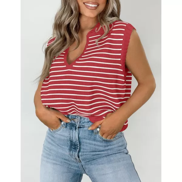 imageZESICA Womens Summer Striped Sweater Vest Cap Sleeve V Neck Pullover Tank Tops Fashion Clothes 2024Red