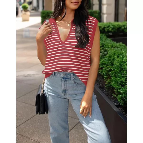 imageZESICA Womens Summer Striped Sweater Vest Cap Sleeve V Neck Pullover Tank Tops Fashion Clothes 2024Red