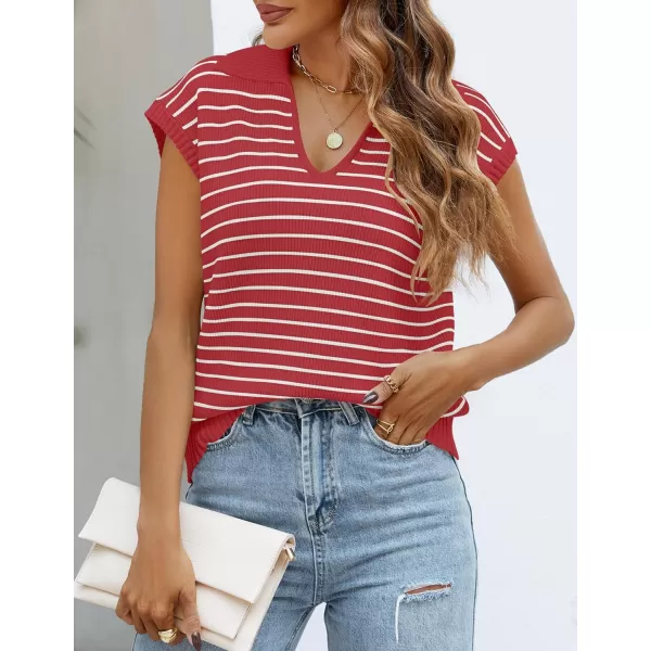 imageZESICA Womens Summer Striped Sweater Vest Cap Sleeve V Neck Pullover Tank Tops Fashion Clothes 2024Red