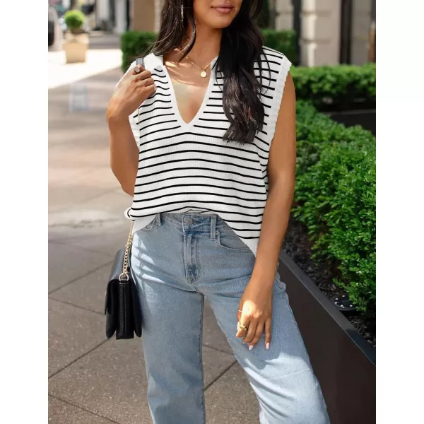 imageZESICA Womens Summer Striped Sweater Vest Cap Sleeve V Neck Pullover Tank Tops Fashion Clothes 2024White