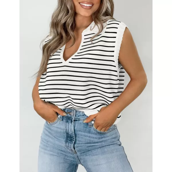 imageZESICA Womens Summer Striped Sweater Vest Cap Sleeve V Neck Pullover Tank Tops Fashion Clothes 2024White