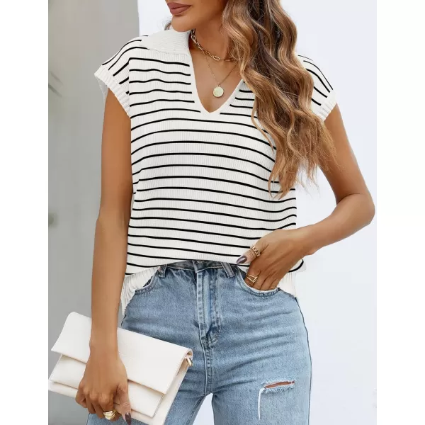 imageZESICA Womens Summer Striped Sweater Vest Cap Sleeve V Neck Pullover Tank Tops Fashion Clothes 2024White