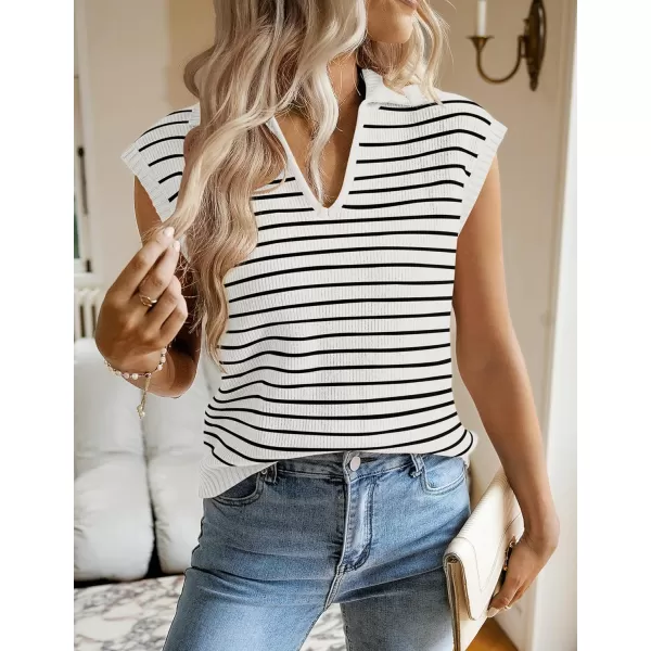 imageZESICA Womens Summer Striped Sweater Vest Cap Sleeve V Neck Pullover Tank Tops Fashion Clothes 2024White