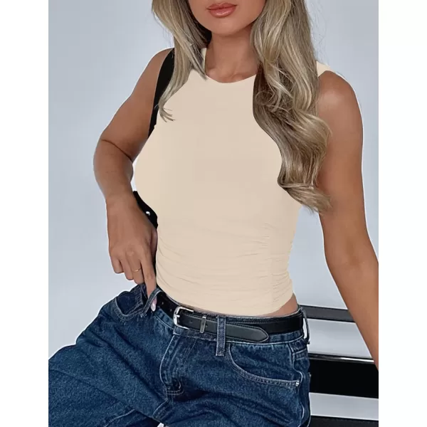 imageZESICA Womens Summer Tank Tops 2024 Sleeveless Crewneck Knit Slim Fitted Side Ruched Casual Basic ShirtApricot