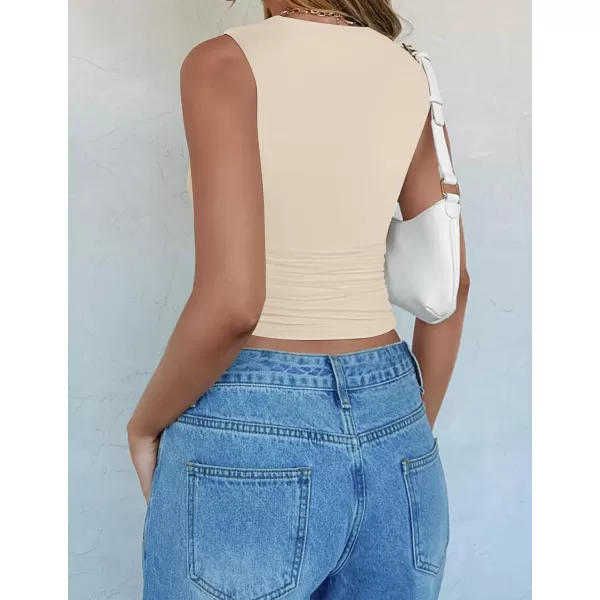 imageZESICA Womens Summer Tank Tops 2024 Sleeveless Crewneck Knit Slim Fitted Side Ruched Casual Basic ShirtApricot