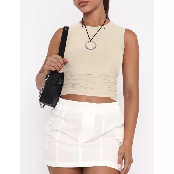 imageZESICA Womens Summer Tank Tops 2024 Sleeveless Crewneck Knit Slim Fitted Side Ruched Casual Basic ShirtApricot