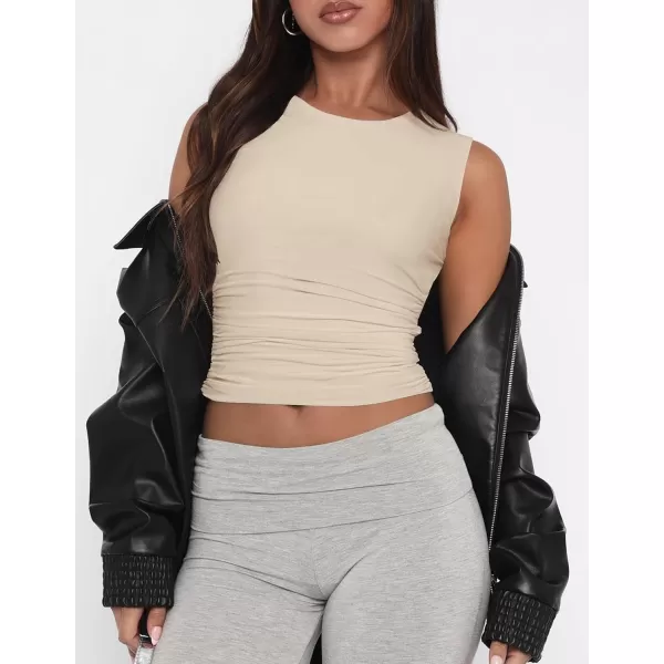 imageZESICA Womens Summer Tank Tops 2024 Sleeveless Crewneck Knit Slim Fitted Side Ruched Casual Basic ShirtApricot