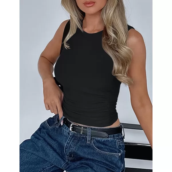 imageZESICA Womens Summer Tank Tops 2024 Sleeveless Crewneck Knit Slim Fitted Side Ruched Casual Basic ShirtBlack