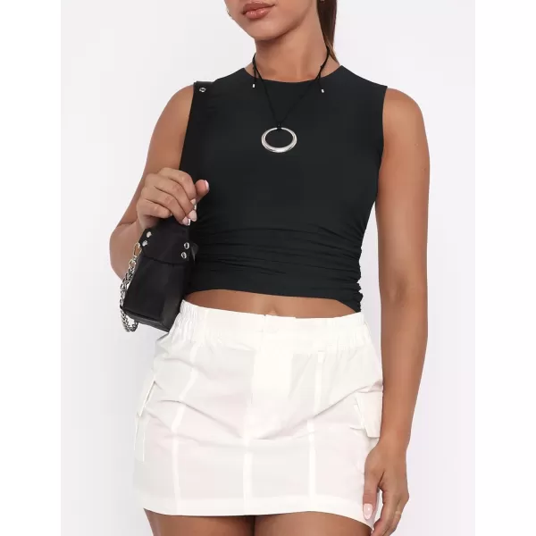 imageZESICA Womens Summer Tank Tops 2024 Sleeveless Crewneck Knit Slim Fitted Side Ruched Casual Basic ShirtBlack