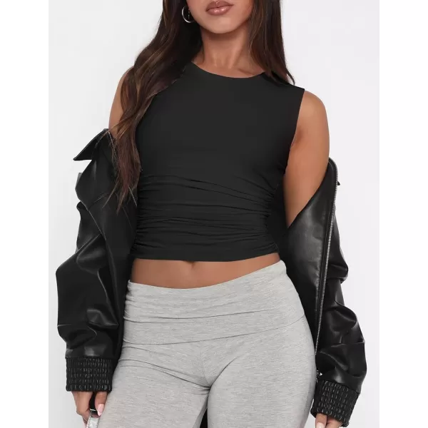 imageZESICA Womens Summer Tank Tops 2024 Sleeveless Crewneck Knit Slim Fitted Side Ruched Casual Basic ShirtBlack