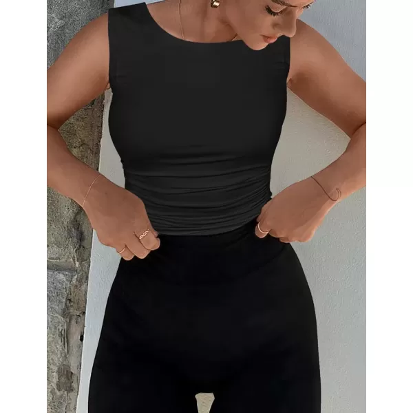 imageZESICA Womens Summer Tank Tops 2024 Sleeveless Crewneck Knit Slim Fitted Side Ruched Casual Basic ShirtBlack