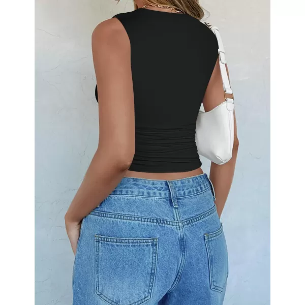 imageZESICA Womens Summer Tank Tops 2024 Sleeveless Crewneck Knit Slim Fitted Side Ruched Casual Basic ShirtBlack