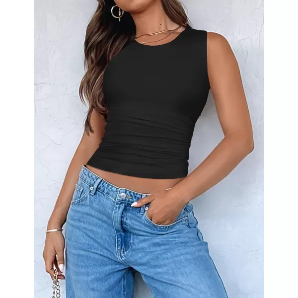 imageZESICA Womens Summer Tank Tops 2024 Sleeveless Crewneck Knit Slim Fitted Side Ruched Casual Basic ShirtBlack