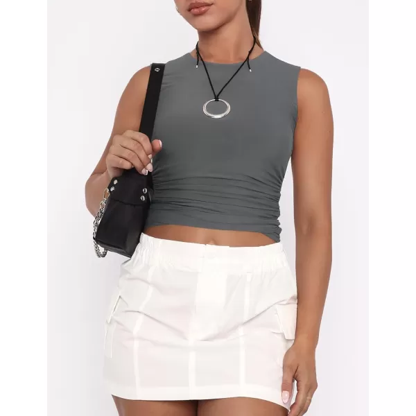 imageZESICA Womens Summer Tank Tops 2024 Sleeveless Crewneck Knit Slim Fitted Side Ruched Casual Basic ShirtCharcoal