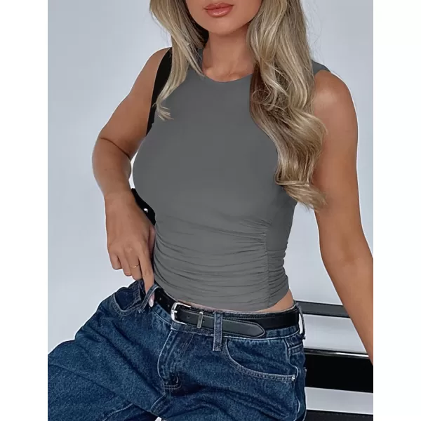 imageZESICA Womens Summer Tank Tops 2024 Sleeveless Crewneck Knit Slim Fitted Side Ruched Casual Basic ShirtCharcoal