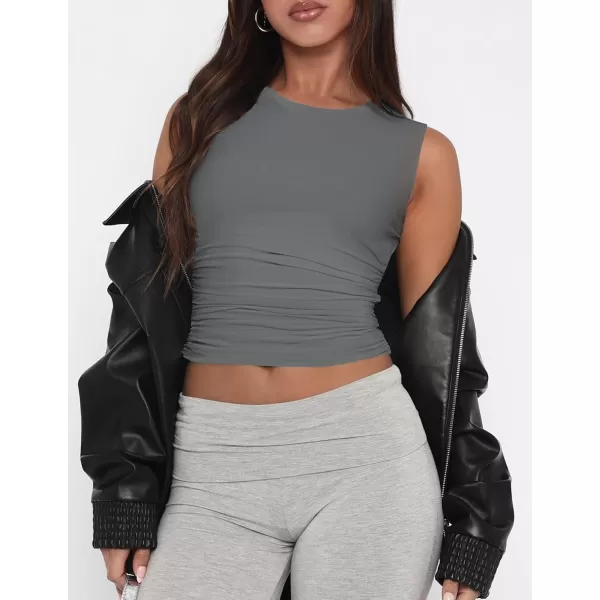 imageZESICA Womens Summer Tank Tops 2024 Sleeveless Crewneck Knit Slim Fitted Side Ruched Casual Basic ShirtCharcoal