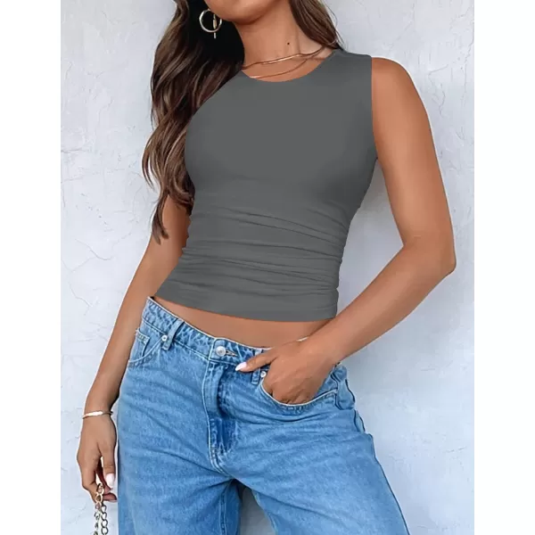 imageZESICA Womens Summer Tank Tops 2024 Sleeveless Crewneck Knit Slim Fitted Side Ruched Casual Basic ShirtCharcoal